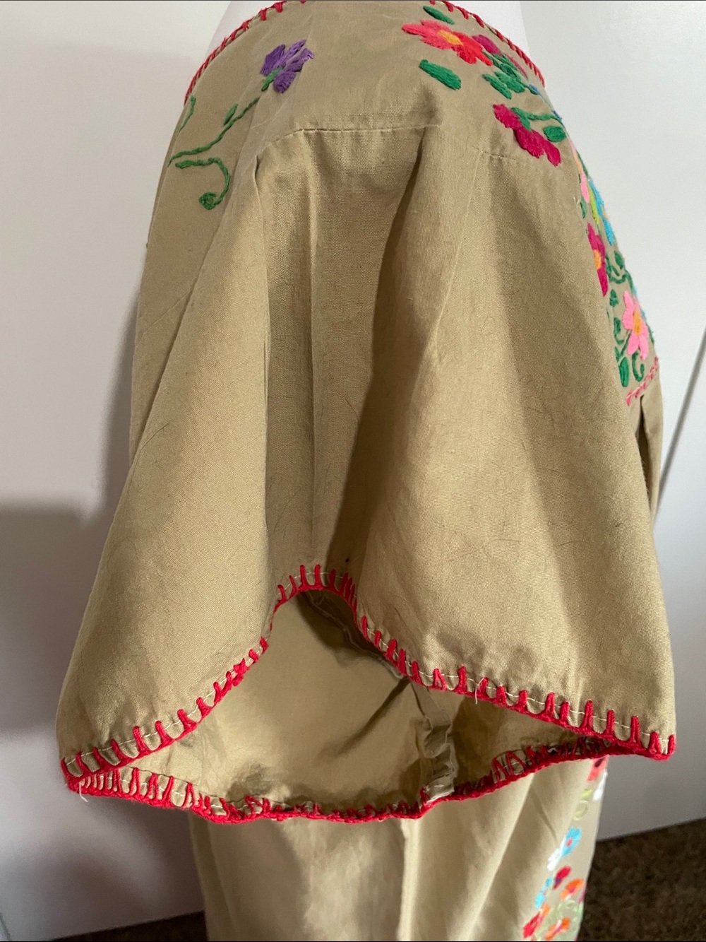 Vintage Hand Embroidered Khaki Mexican Puebla Maxi Dress - Picture 7 of 12